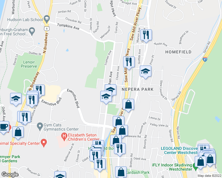 map of restaurants, bars, coffee shops, grocery stores, and more near 1450 Nepperhan Avenue in Yonkers