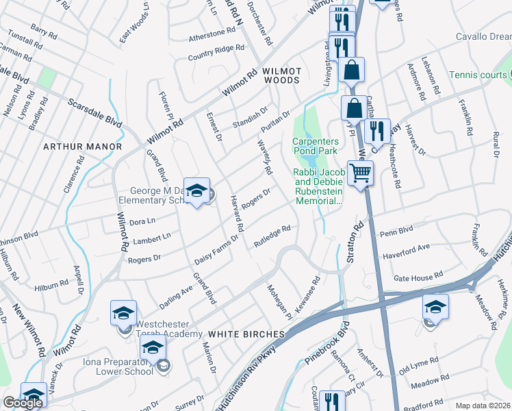 map of restaurants, bars, coffee shops, grocery stores, and more near 205 Rogers Drive in Scarsdale