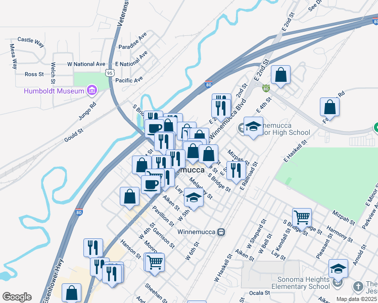 map of restaurants, bars, coffee shops, grocery stores, and more near 241 Bridge Street in Winnemucca