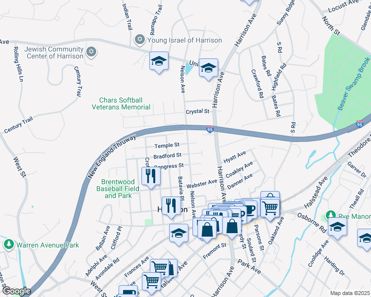 map of restaurants, bars, coffee shops, grocery stores, and more near 111 Nelson Avenue in Harrison