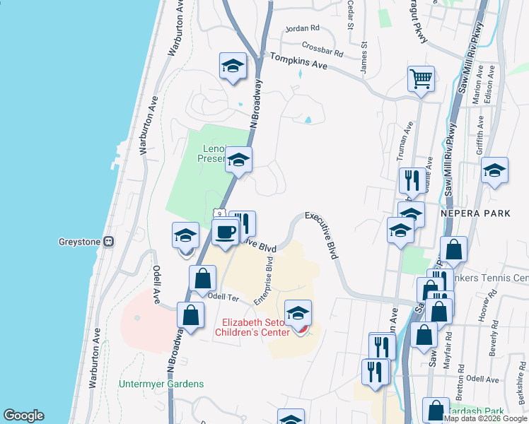 map of restaurants, bars, coffee shops, grocery stores, and more near 70-166 Executive Blvd in Yonkers