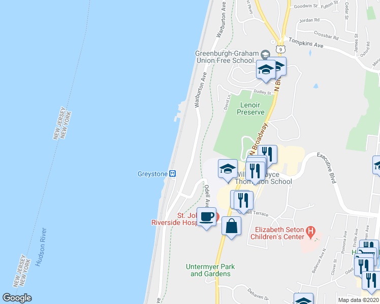 map of restaurants, bars, coffee shops, grocery stores, and more near 1104 Warburton Avenue in Yonkers