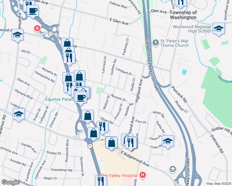 map of restaurants, bars, coffee shops, grocery stores, and more near 781 Hilton Place in Paramus