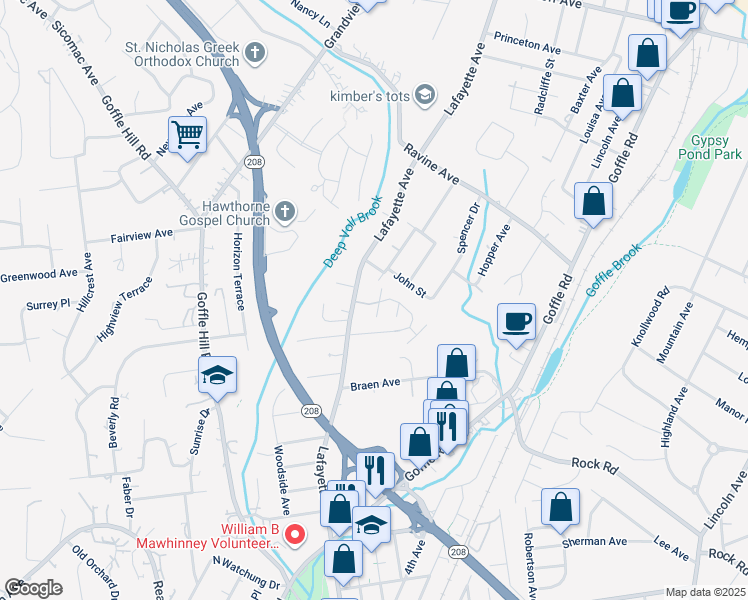 map of restaurants, bars, coffee shops, grocery stores, and more near 1057 Lafayette Avenue in Hawthorne