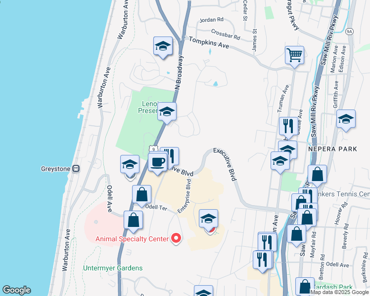 map of restaurants, bars, coffee shops, grocery stores, and more near 3 Executive Boulevard in Yonkers
