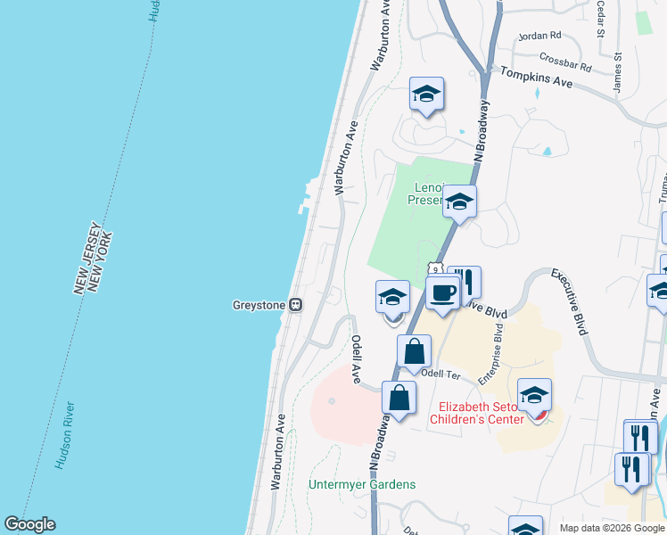 map of restaurants, bars, coffee shops, grocery stores, and more near 1104 Warburton Avenue in Yonkers