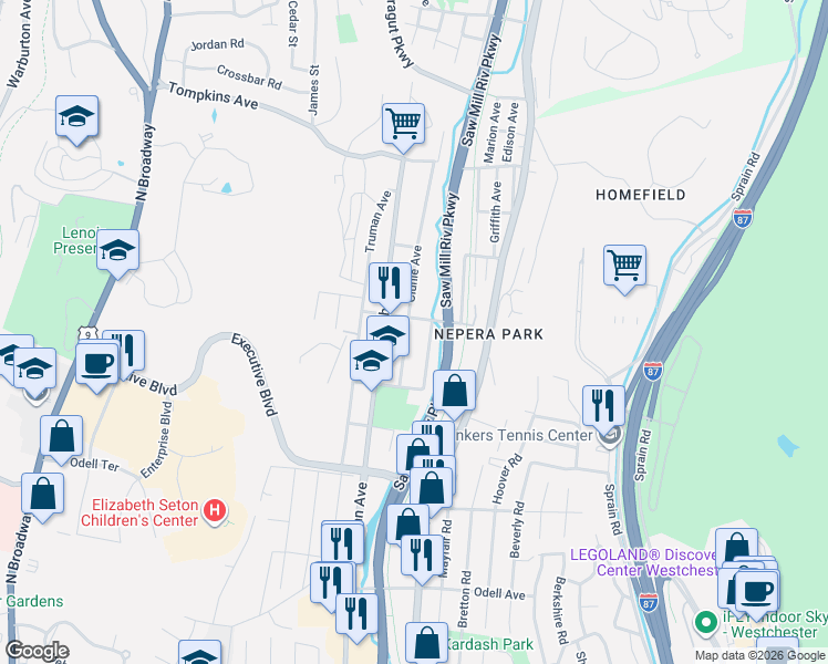 map of restaurants, bars, coffee shops, grocery stores, and more near 113 Clunie Avenue in Yonkers
