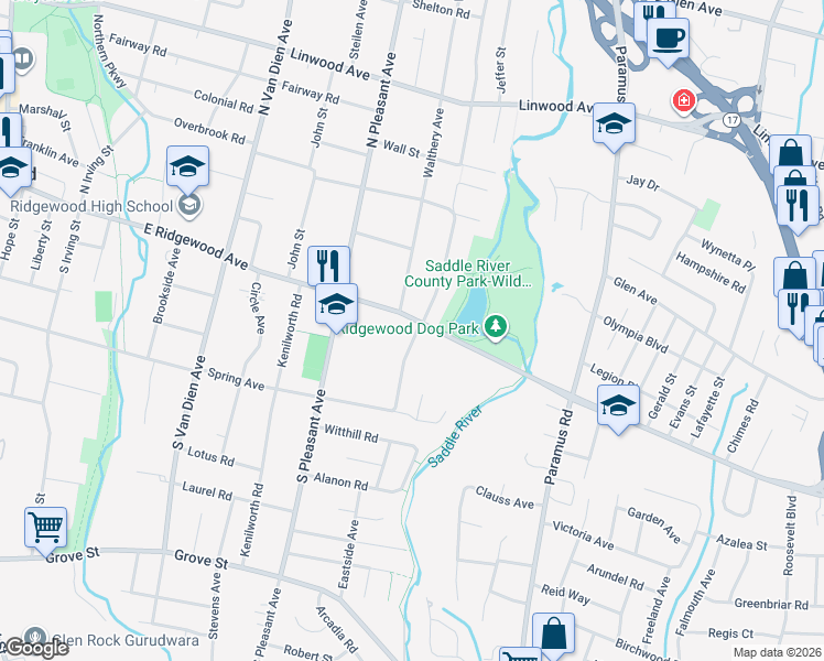 map of restaurants, bars, coffee shops, grocery stores, and more near 1010 East Ridgewood Avenue in Ridgewood