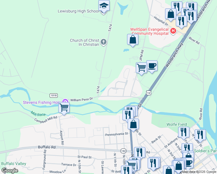 map of restaurants, bars, coffee shops, grocery stores, and more near 310 Birchtree Lane in Lewisburg
