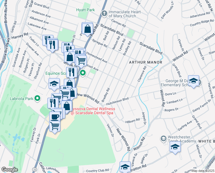 map of restaurants, bars, coffee shops, grocery stores, and more near 57 Bradley Road in Scarsdale