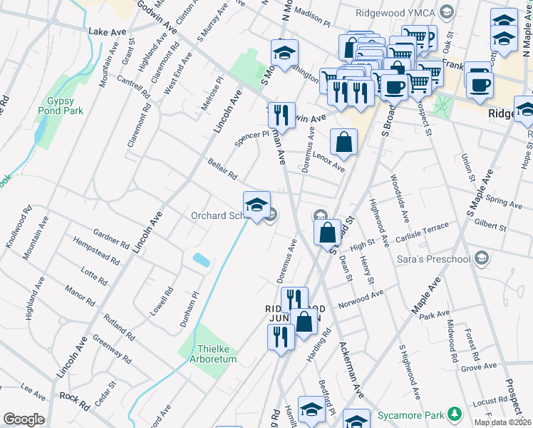 map of restaurants, bars, coffee shops, grocery stores, and more near 230 Demarest Street in Ridgewood