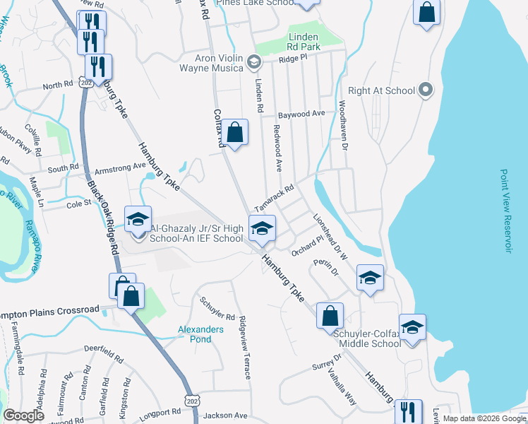 map of restaurants, bars, coffee shops, grocery stores, and more near 12 Tamarack Road in Wayne