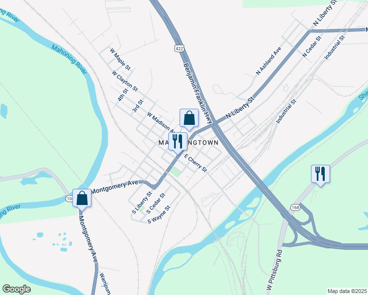 map of restaurants, bars, coffee shops, grocery stores, and more near 205 North Liberty Street in New Castle