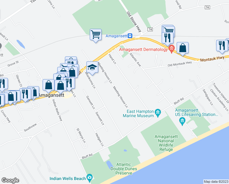 map of restaurants, bars, coffee shops, grocery stores, and more near 88 Meeting House Lane in Amagansett