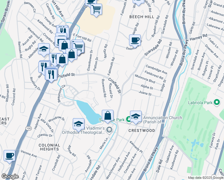 map of restaurants, bars, coffee shops, grocery stores, and more near 25 Kincaid Drive in Yonkers