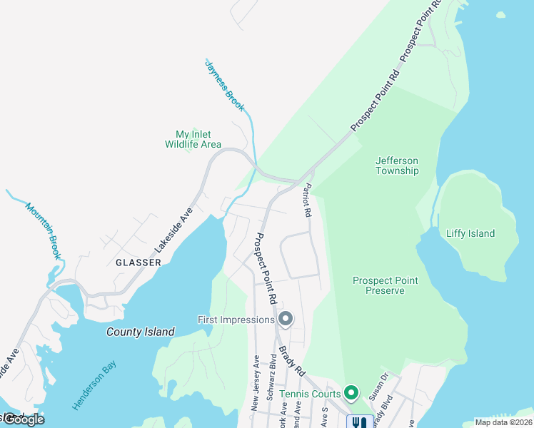 map of restaurants, bars, coffee shops, grocery stores, and more near 103 Prospect Point Road in Jefferson