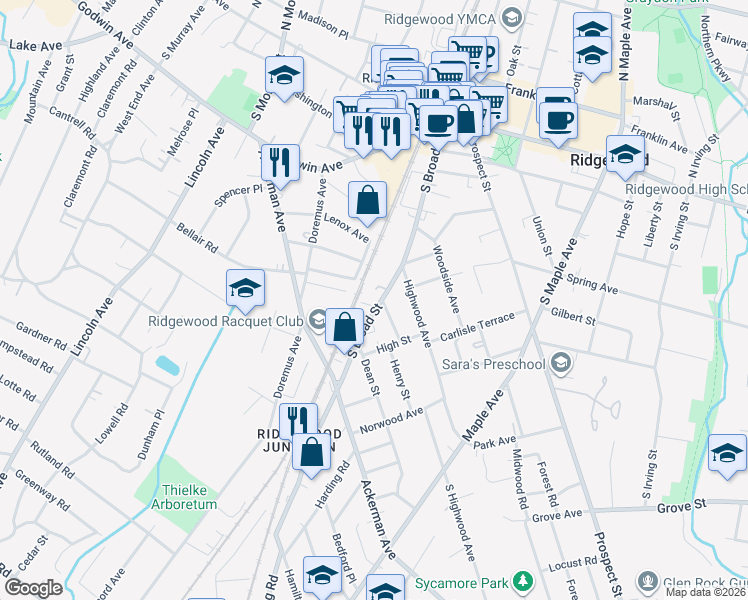map of restaurants, bars, coffee shops, grocery stores, and more near 334 South Broad Street in Ridgewood