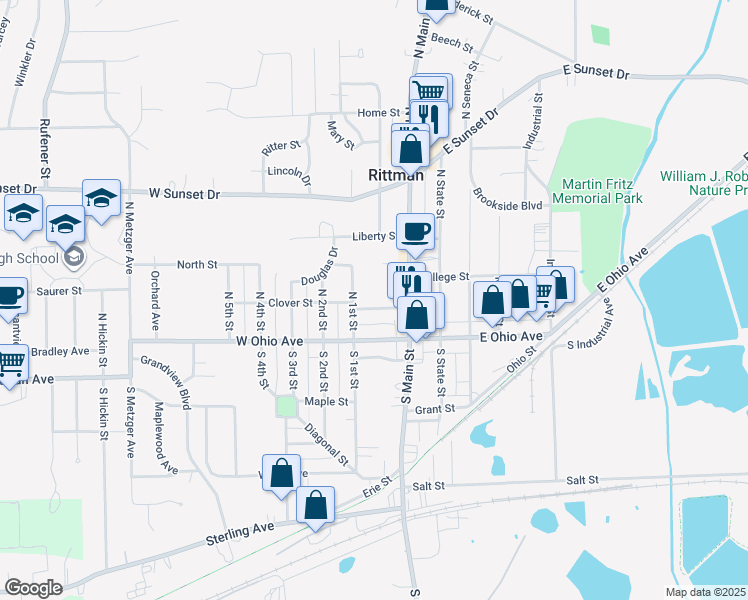 map of restaurants, bars, coffee shops, grocery stores, and more near 43 Sheldon St in Rittman