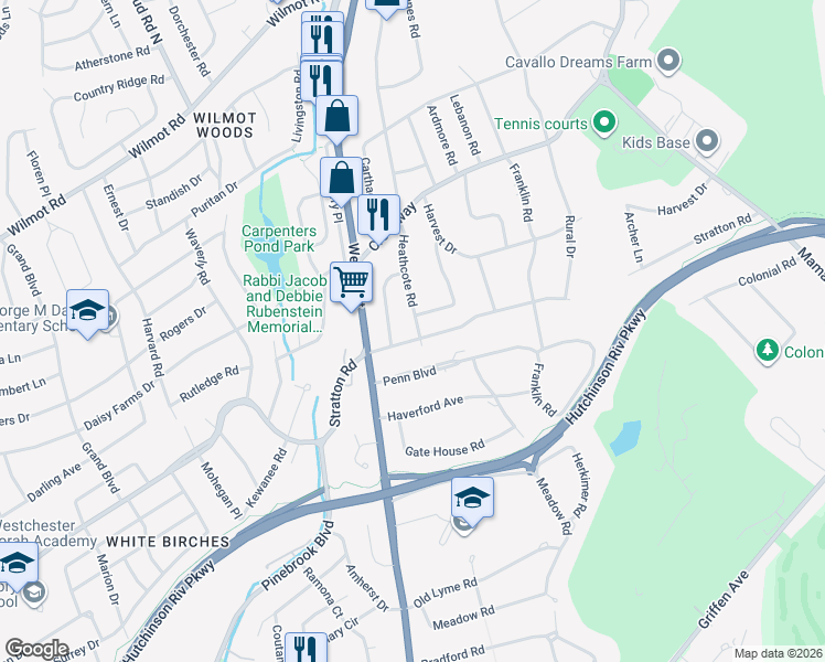 map of restaurants, bars, coffee shops, grocery stores, and more near 404 Heathcote Road in Scarsdale