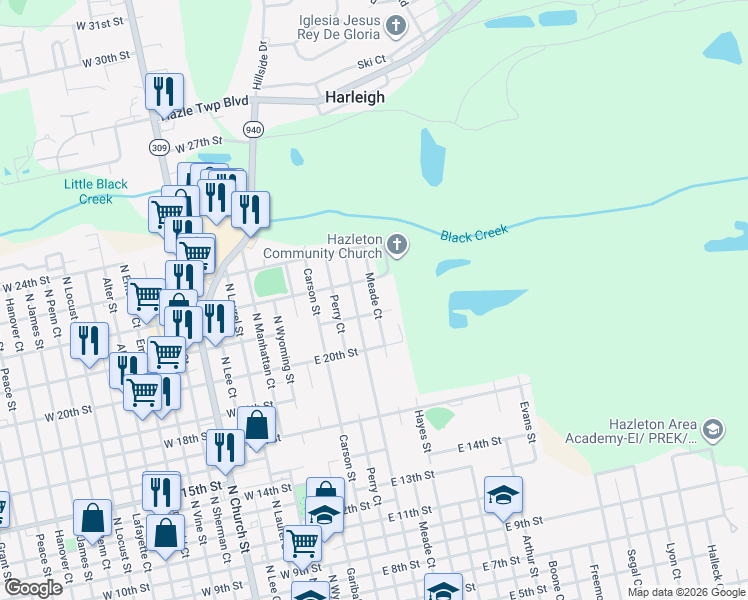map of restaurants, bars, coffee shops, grocery stores, and more near 998 Meade Court in Hazleton