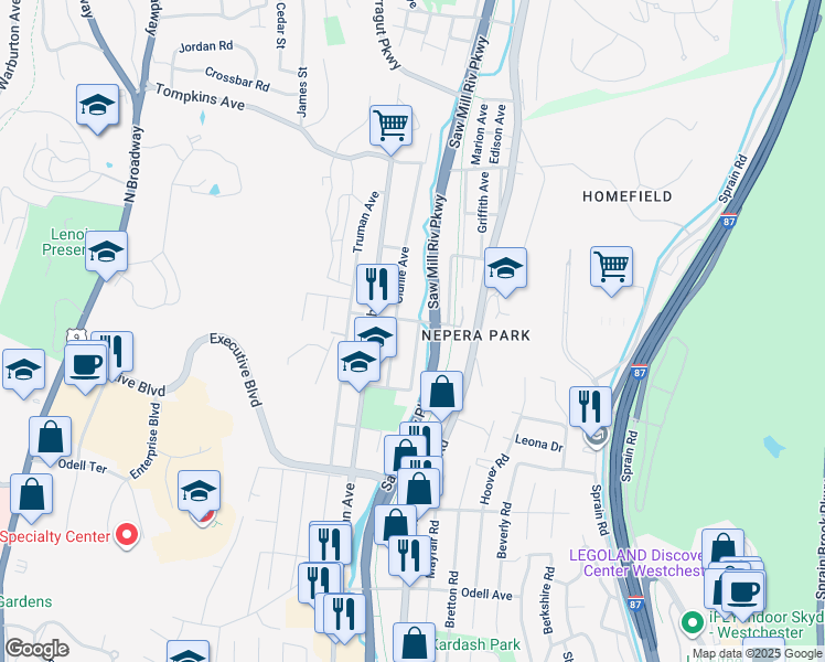 map of restaurants, bars, coffee shops, grocery stores, and more near 49 Nepera Place in Yonkers