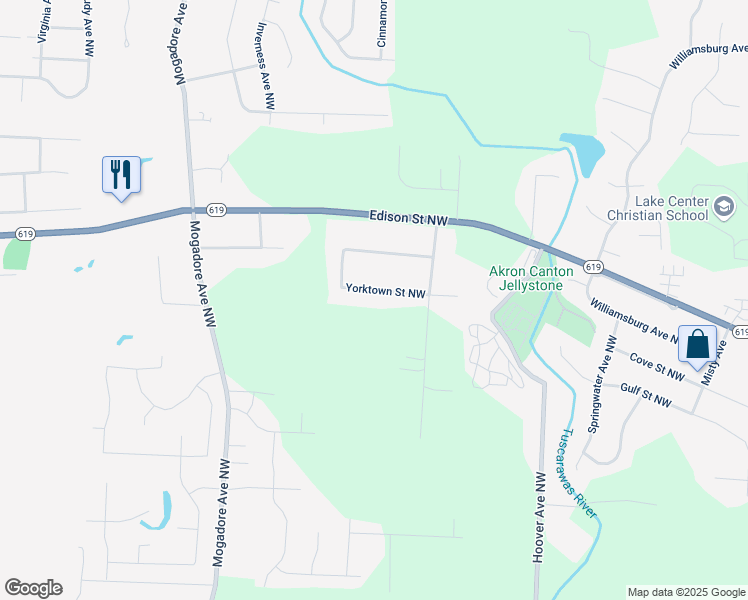 map of restaurants, bars, coffee shops, grocery stores, and more near 2390 Yorktown Street Northwest in Uniontown