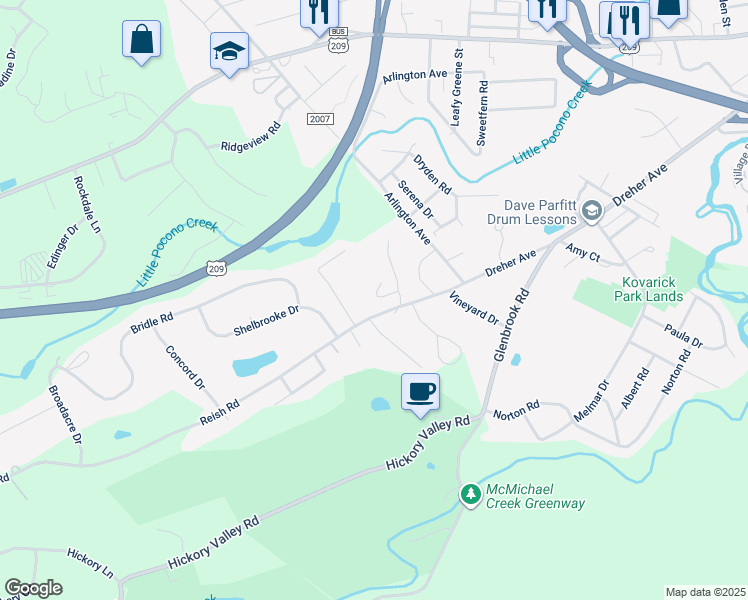 map of restaurants, bars, coffee shops, grocery stores, and more near 411 Mellow Lane in Stroudsburg