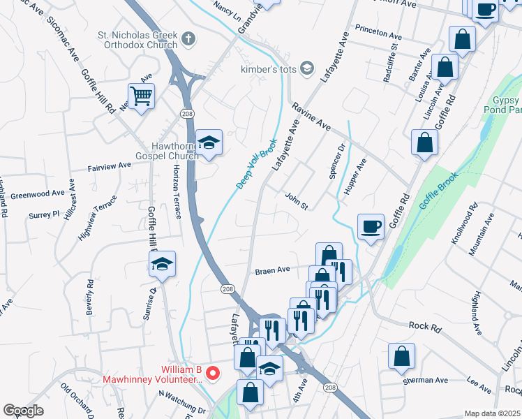 map of restaurants, bars, coffee shops, grocery stores, and more near 1057 Lafayette Avenue in Hawthorne