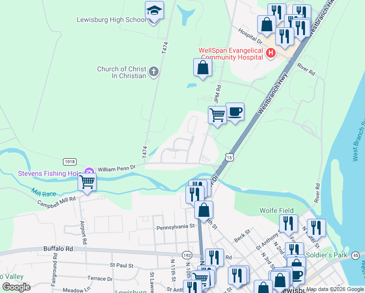map of restaurants, bars, coffee shops, grocery stores, and more near 208 Birchtree Ln in Lewisburg
