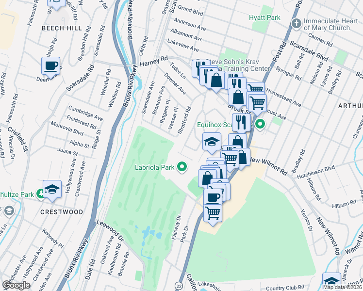 map of restaurants, bars, coffee shops, grocery stores, and more near 32 Dogwood Drive in Scarsdale