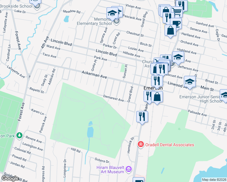 map of restaurants, bars, coffee shops, grocery stores, and more near 12 Hollywood Avenue in Emerson