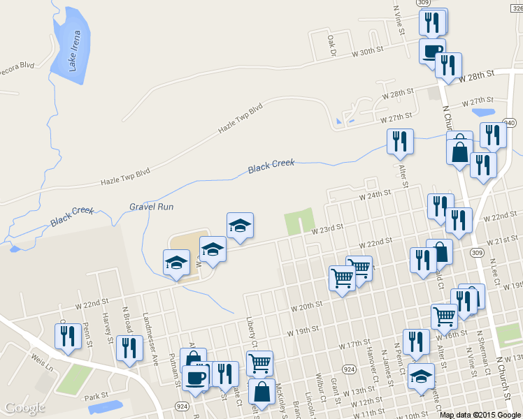 map of restaurants, bars, coffee shops, grocery stores, and more near 1515 West 23rd Street in Hazleton