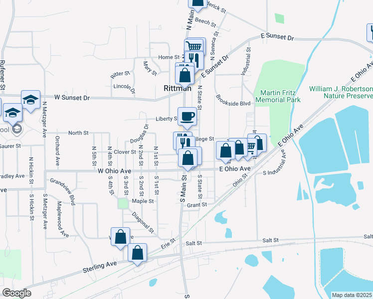 map of restaurants, bars, coffee shops, grocery stores, and more near 12 Brookside Boulevard in Rittman