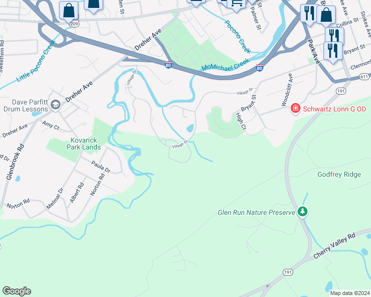 map of restaurants, bars, coffee shops, grocery stores, and more near 125 Duck Hollow Circle in Stroudsburg