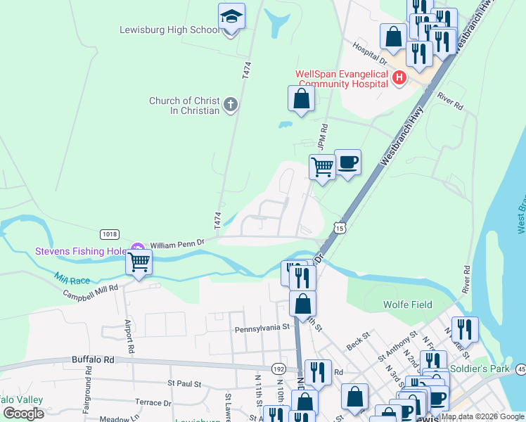 map of restaurants, bars, coffee shops, grocery stores, and more near 208 Birchtree Lane in Lewisburg