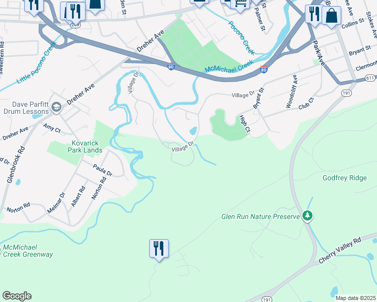 map of restaurants, bars, coffee shops, grocery stores, and more near 125 Duck Hollow Circle in Stroudsburg