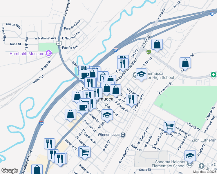 map of restaurants, bars, coffee shops, grocery stores, and more near 241 Bridge Street in Winnemucca
