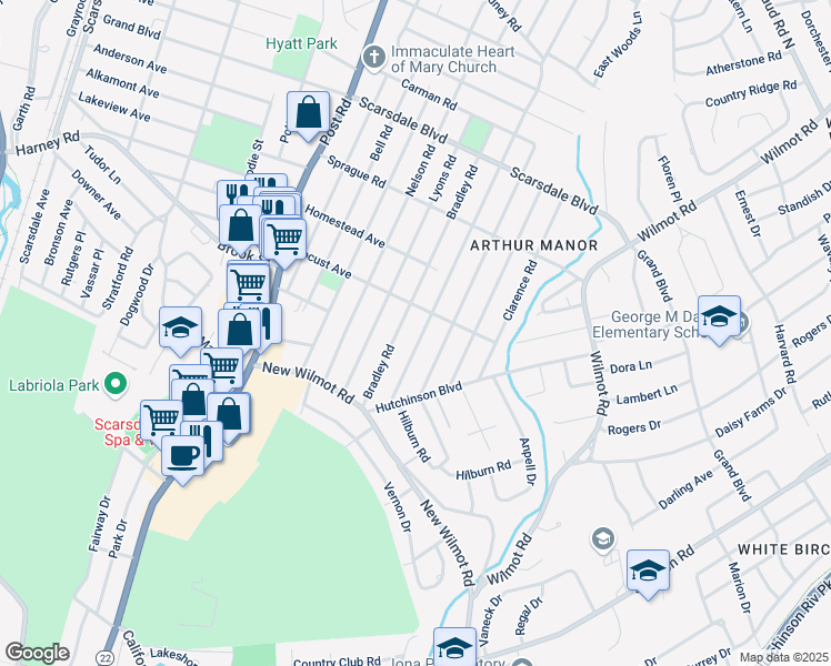 map of restaurants, bars, coffee shops, grocery stores, and more near 68 Madison Road in Scarsdale