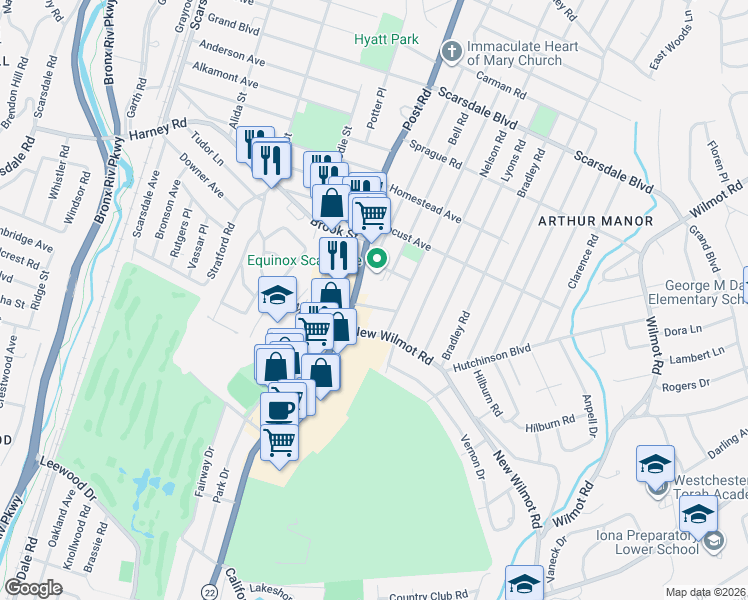 map of restaurants, bars, coffee shops, grocery stores, and more near 774 Post Road in Scarsdale