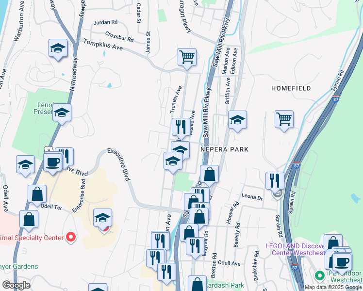 map of restaurants, bars, coffee shops, grocery stores, and more near 113 Clunie Avenue in Yonkers