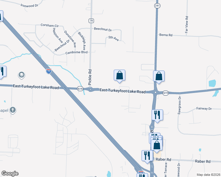 map of restaurants, bars, coffee shops, grocery stores, and more near 1441 East Turkeyfoot Lake Road in Akron
