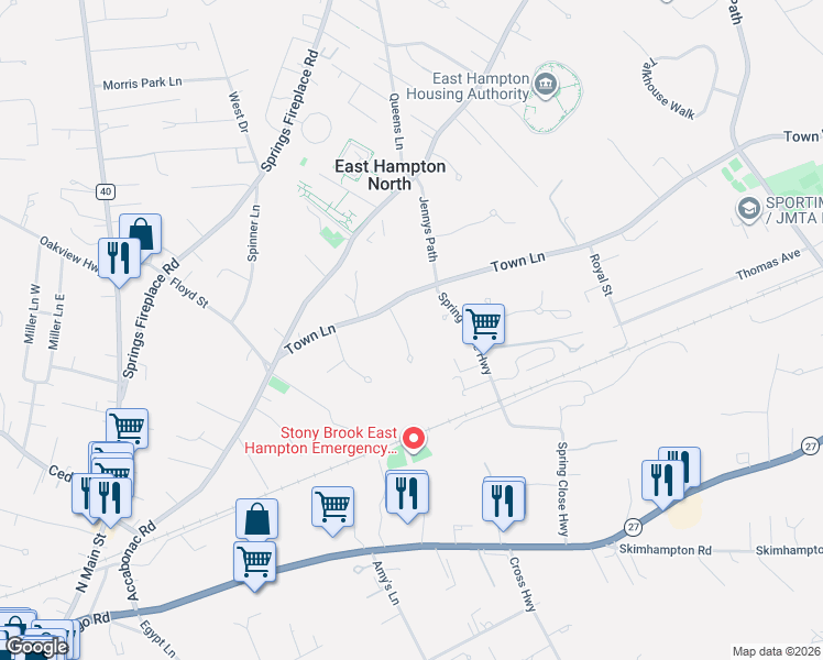 map of restaurants, bars, coffee shops, grocery stores, and more near 98 Town Lane in East Hampton