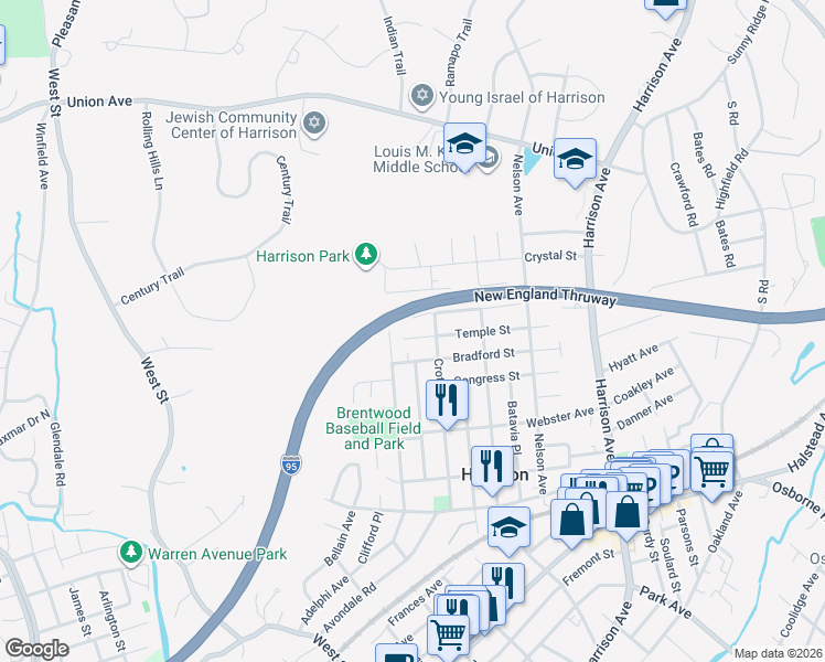 map of restaurants, bars, coffee shops, grocery stores, and more near 128 Temple Street in Harrison
