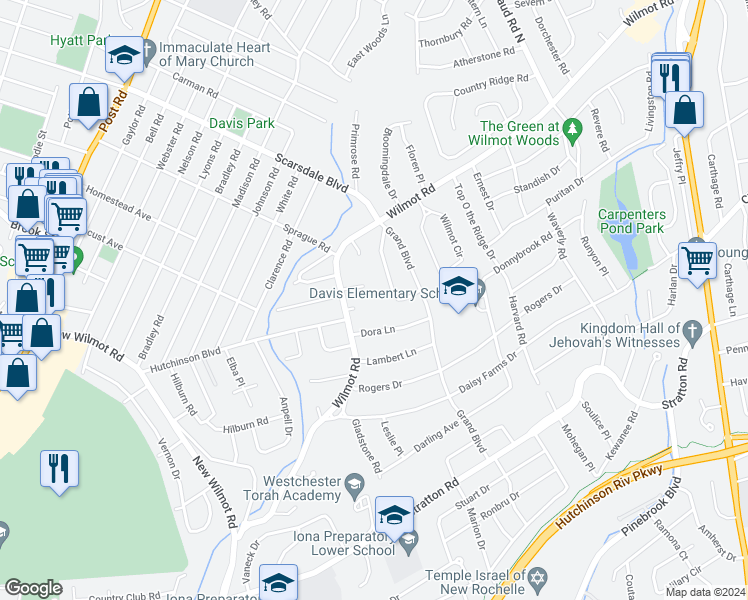 map of restaurants, bars, coffee shops, grocery stores, and more near 647 Wilmot Road in Scarsdale