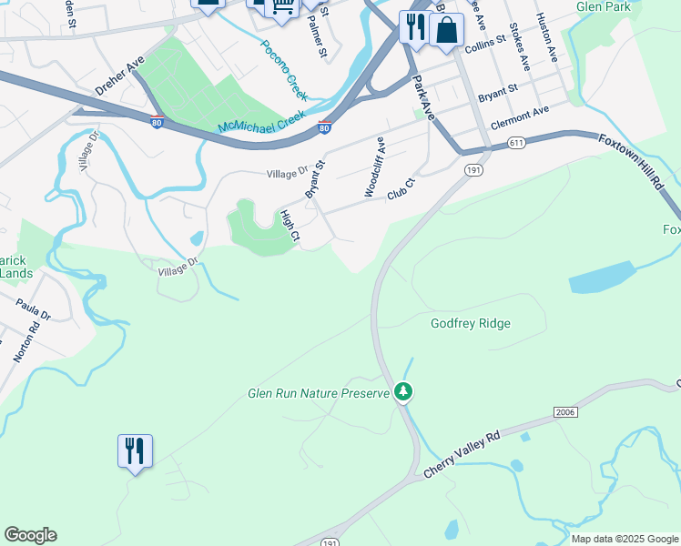 map of restaurants, bars, coffee shops, grocery stores, and more near 813 Bangor Mountain Road in Stroudsburg