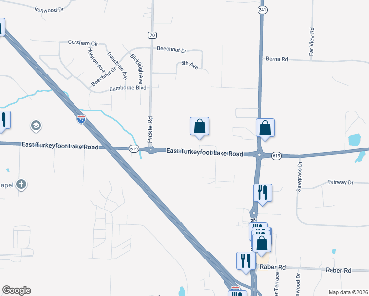 map of restaurants, bars, coffee shops, grocery stores, and more near 1441 East Turkeyfoot Lake Road in Akron