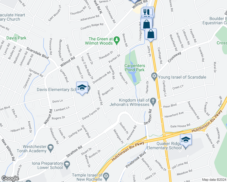 map of restaurants, bars, coffee shops, grocery stores, and more near 205 Rogers Drive in Scarsdale