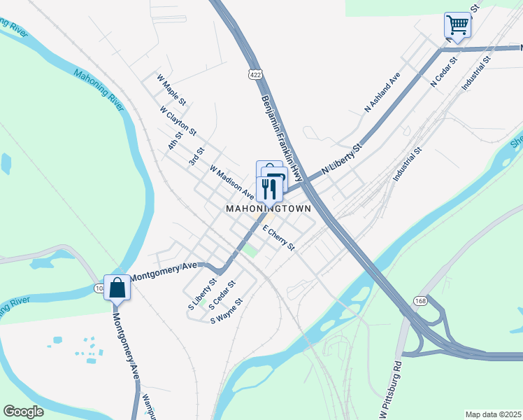 map of restaurants, bars, coffee shops, grocery stores, and more near 205 North Liberty Street in New Castle