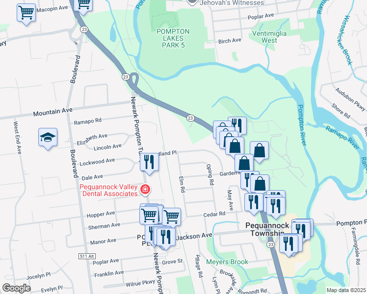 map of restaurants, bars, coffee shops, grocery stores, and more near 17 Woodland Place in Pequannock Township