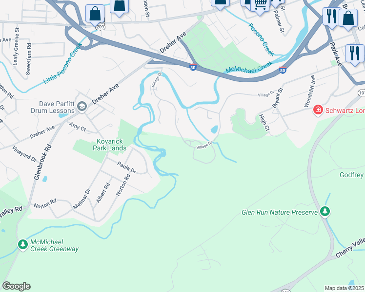 map of restaurants, bars, coffee shops, grocery stores, and more near 92 Village Drive in Stroudsburg